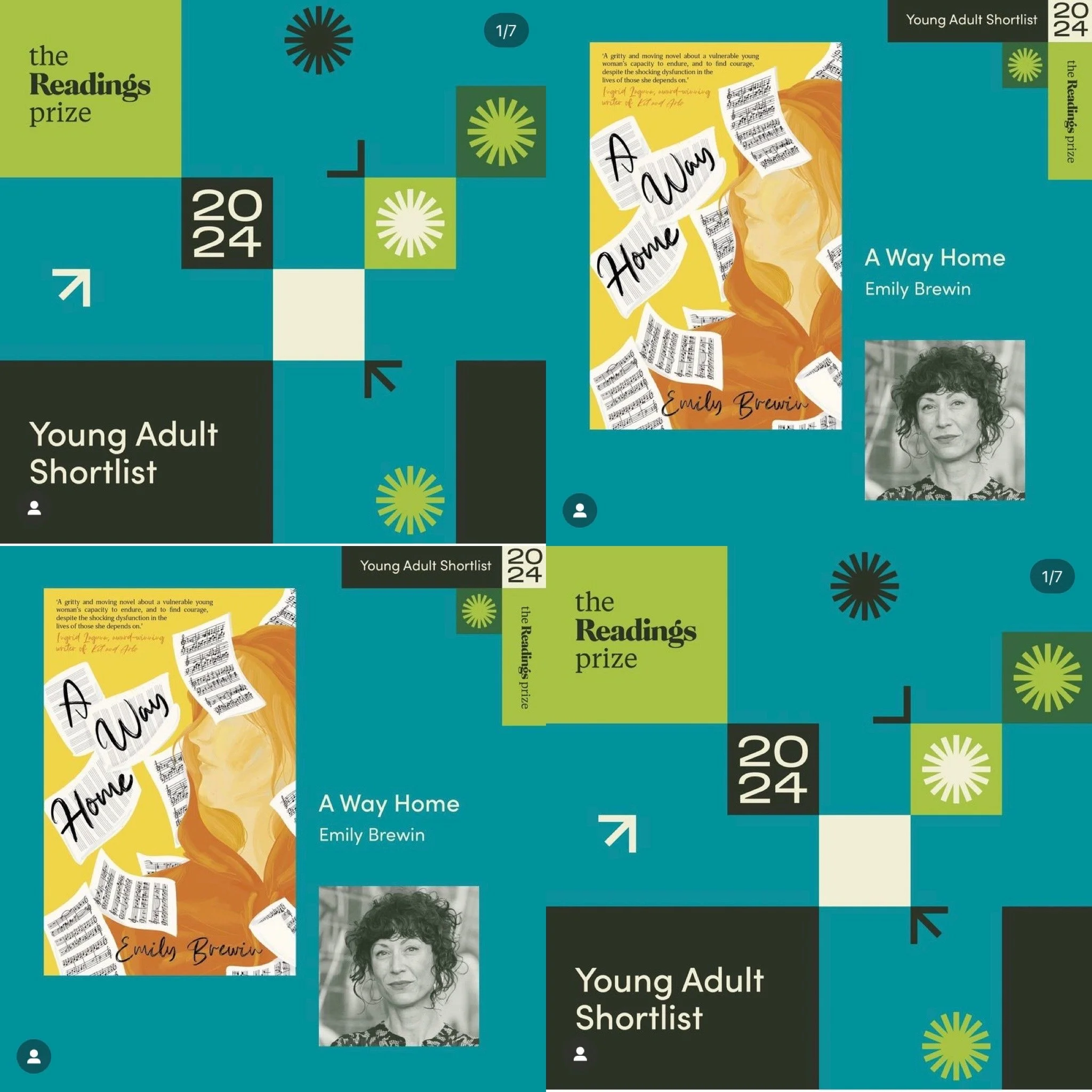 Image of the Readings Prize logo with Emily Brewin and A Way Home novel cover