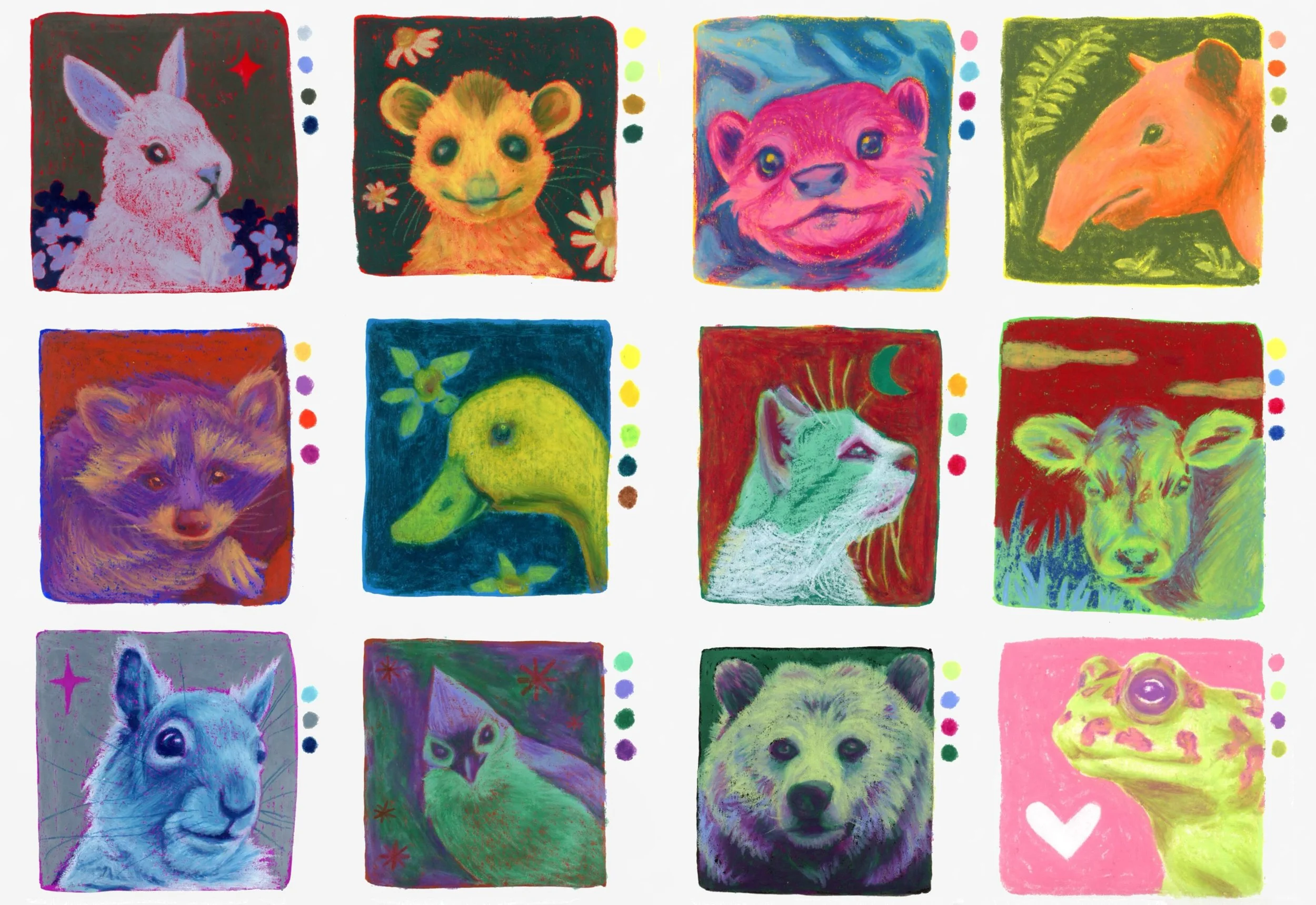 Twelve square portraits of animals, including a rabbit, a possum, a otter, a tapir, a raccoon, a duck, a cat, a cow, a squirrel, a bird, a bear, and a frog, each with unique vibrant background and foreground colors.