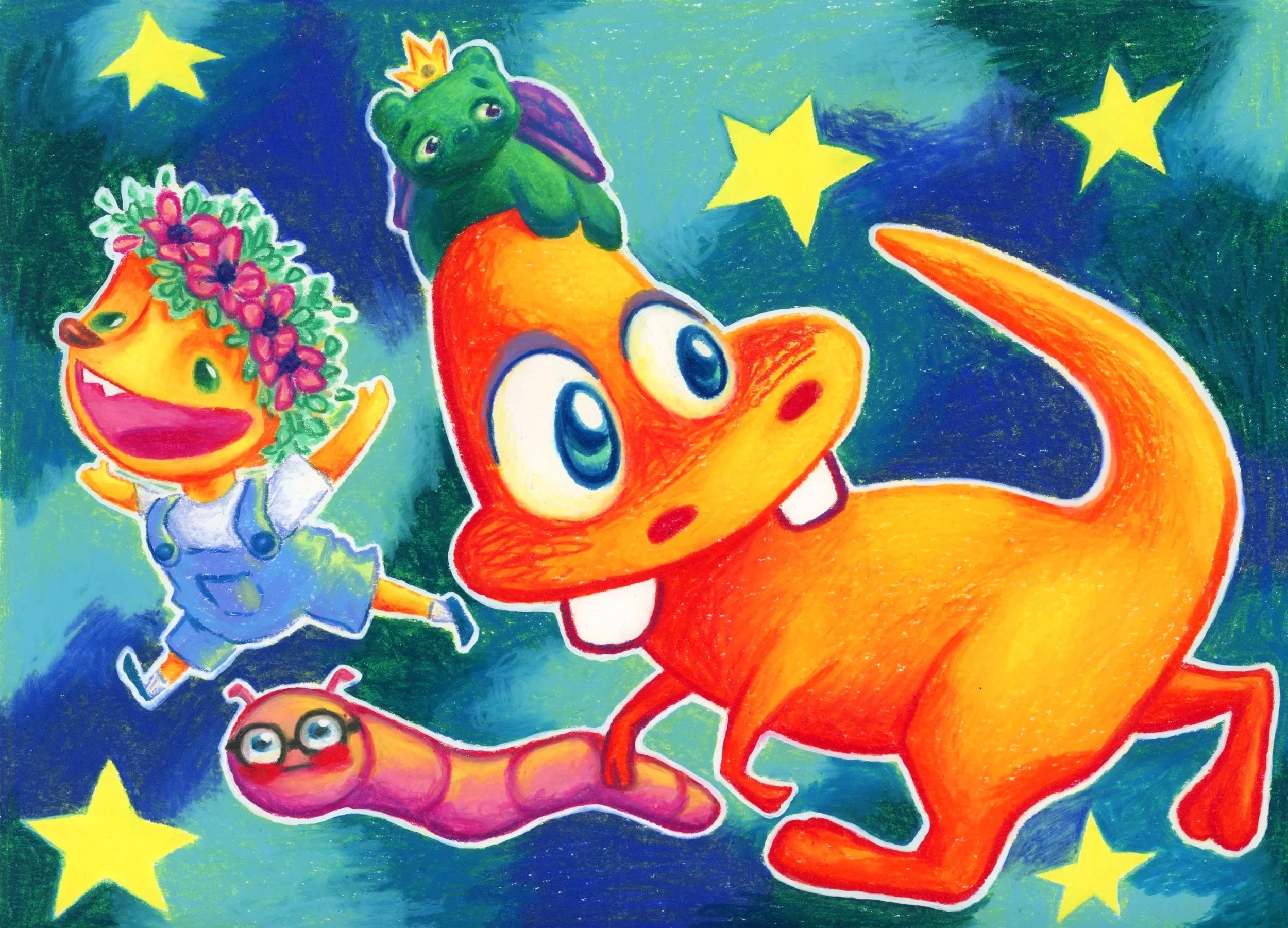 Colorful drawing of cartoon style characters: an orange t-rex with big eyes and bucked teeth, a turtle-bear with a crown, a yellow character with a flower crown and overalls, a worm with glasses, all set against a starry blue and green background.