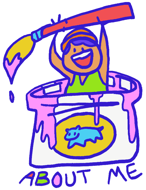 A colorful cartoon of a person standing in a giant jar of pink paint with a blue hippo on the label, holding a paint brush above her head, with the words "ABOUT ME" written below.