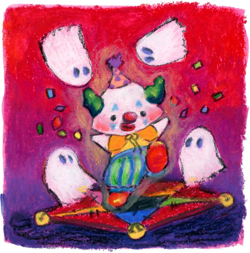 Colorful drawing of a clown with green hair, throwing confetti, standing on a pentagram carpet with jingle bells on the corners, with four white ghosts around him, on a red and purple background.