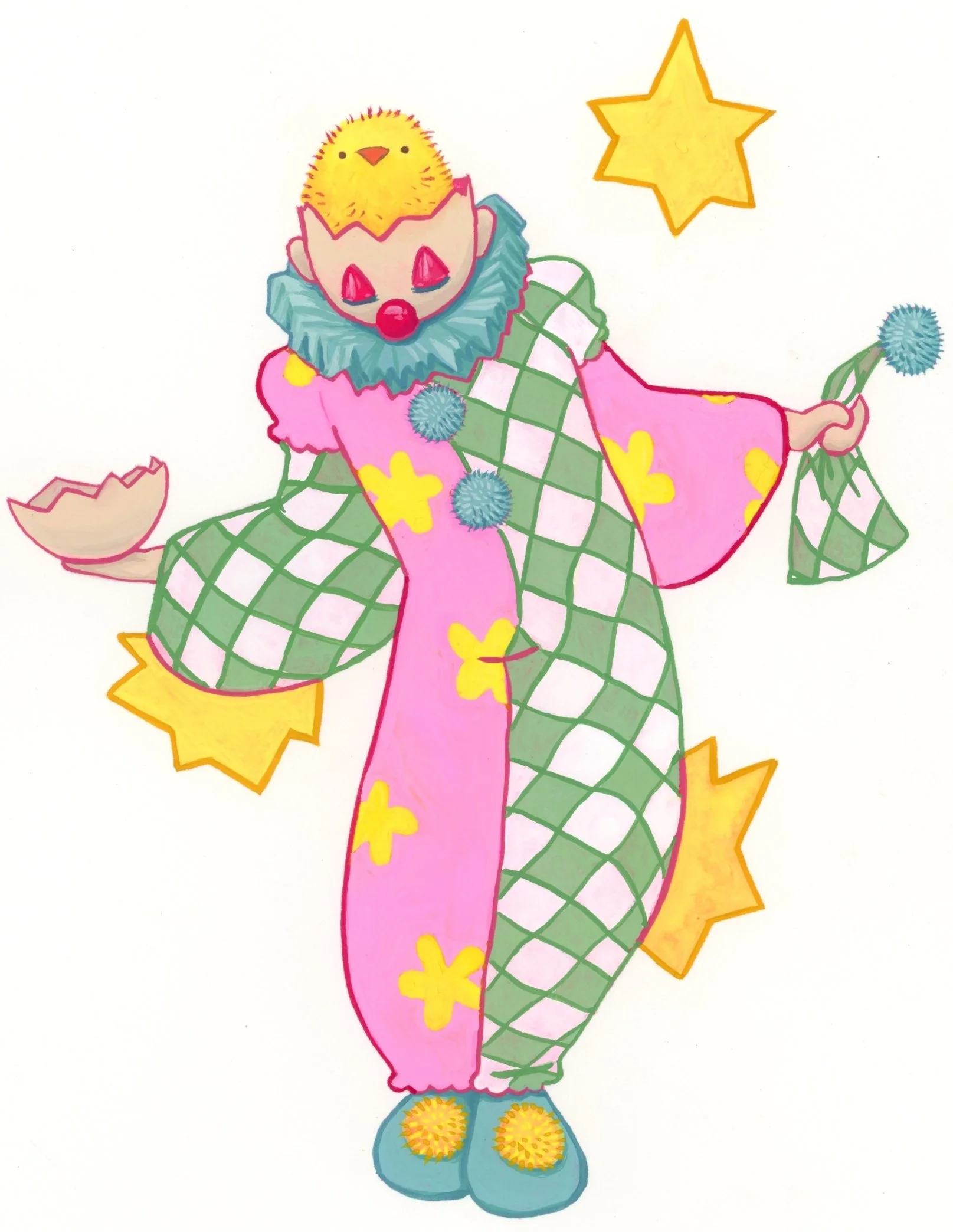 A surreal gouache illustration of a clown with a yellow chick popping out of its head, which is also an egg. The clown wears colorful shoes, a pink and green jester costume and holds a cracked eggshell and jester hat, surrounded by stars.
