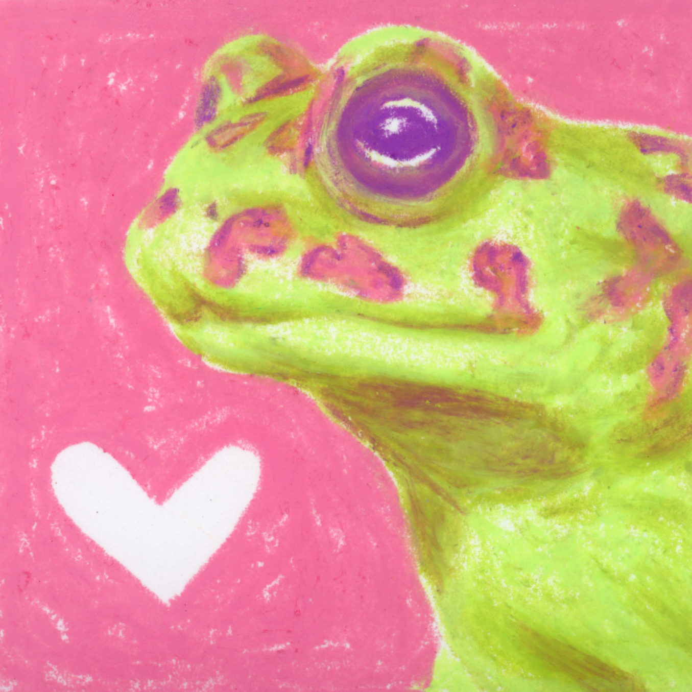 Close-up of a drawing of green frog with pink and purple markings on a pink background, with a white heart shape nearby.
