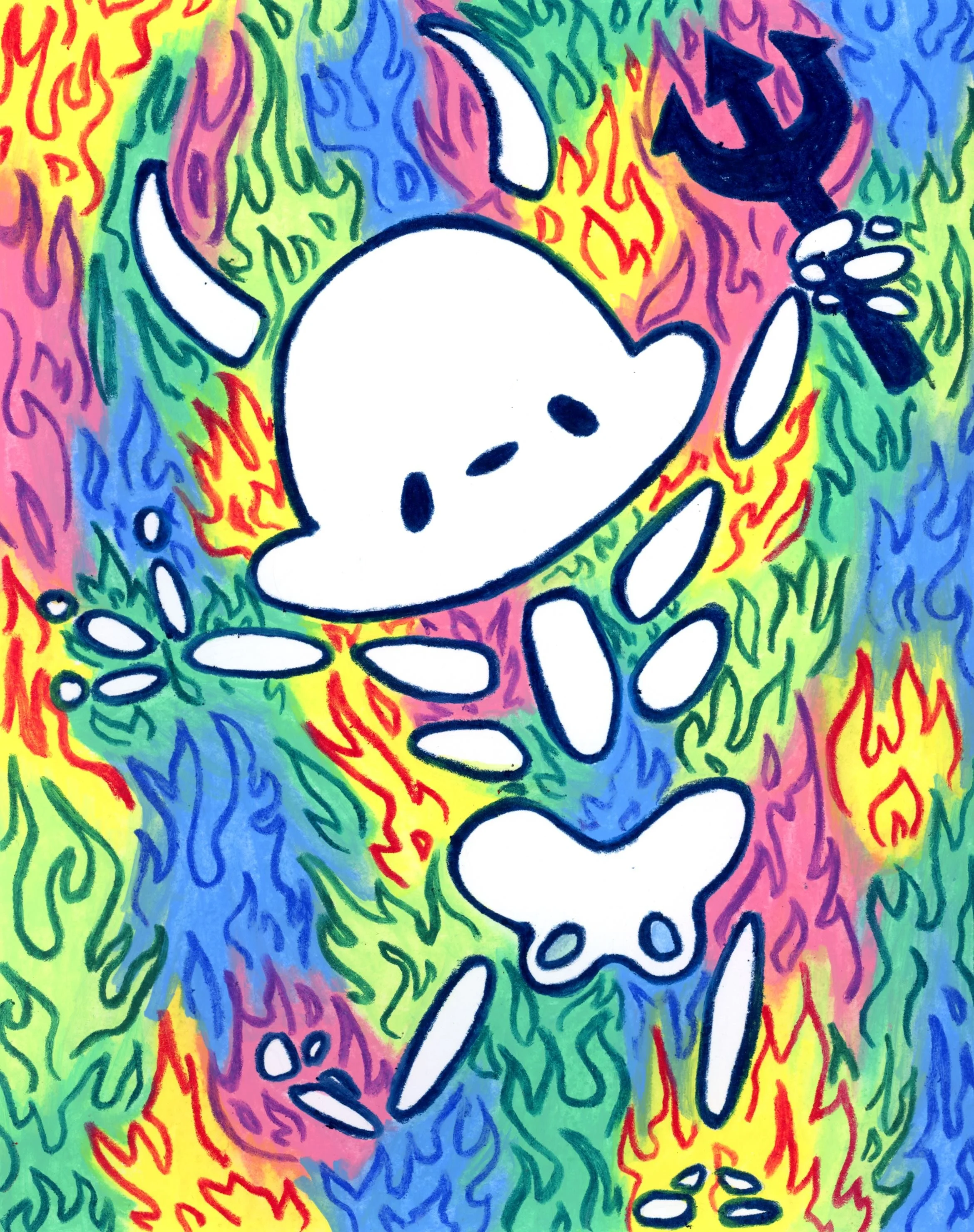 Colorful drawing featuring a white skeleton with horns and hollow eye sockets, holding a pitchfork, set on a background of flames in green, teal, yellow, pink, purple, and blue.