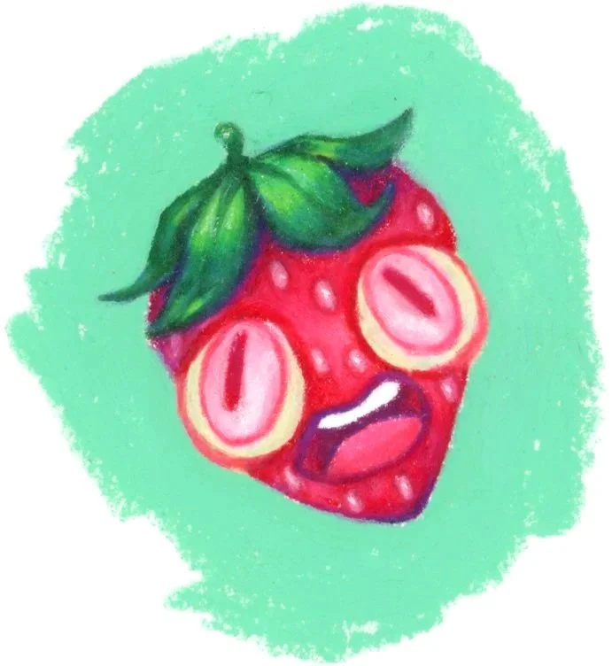 A wax pastel drawing of a strawberry with a face with a crazed expression, large pink eyes and an open red mouth, on a mint green background.