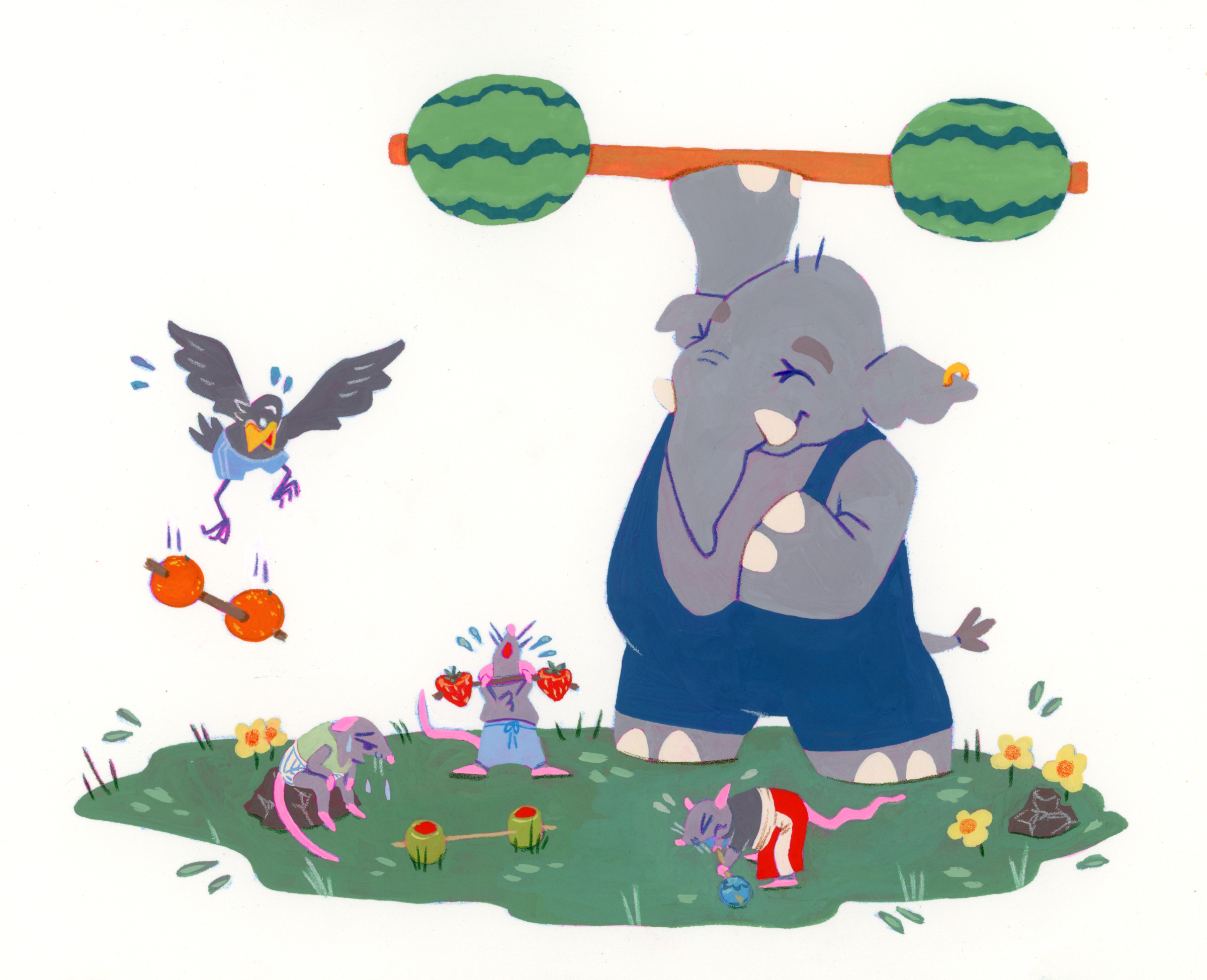 A gouache illustration of a smiling elephant lifting a barbell with watermelons for weights. A black bird in flight is dropping a dumbbell made of oranges. Mice struggle to lift weights made of berries on a grassy patch.