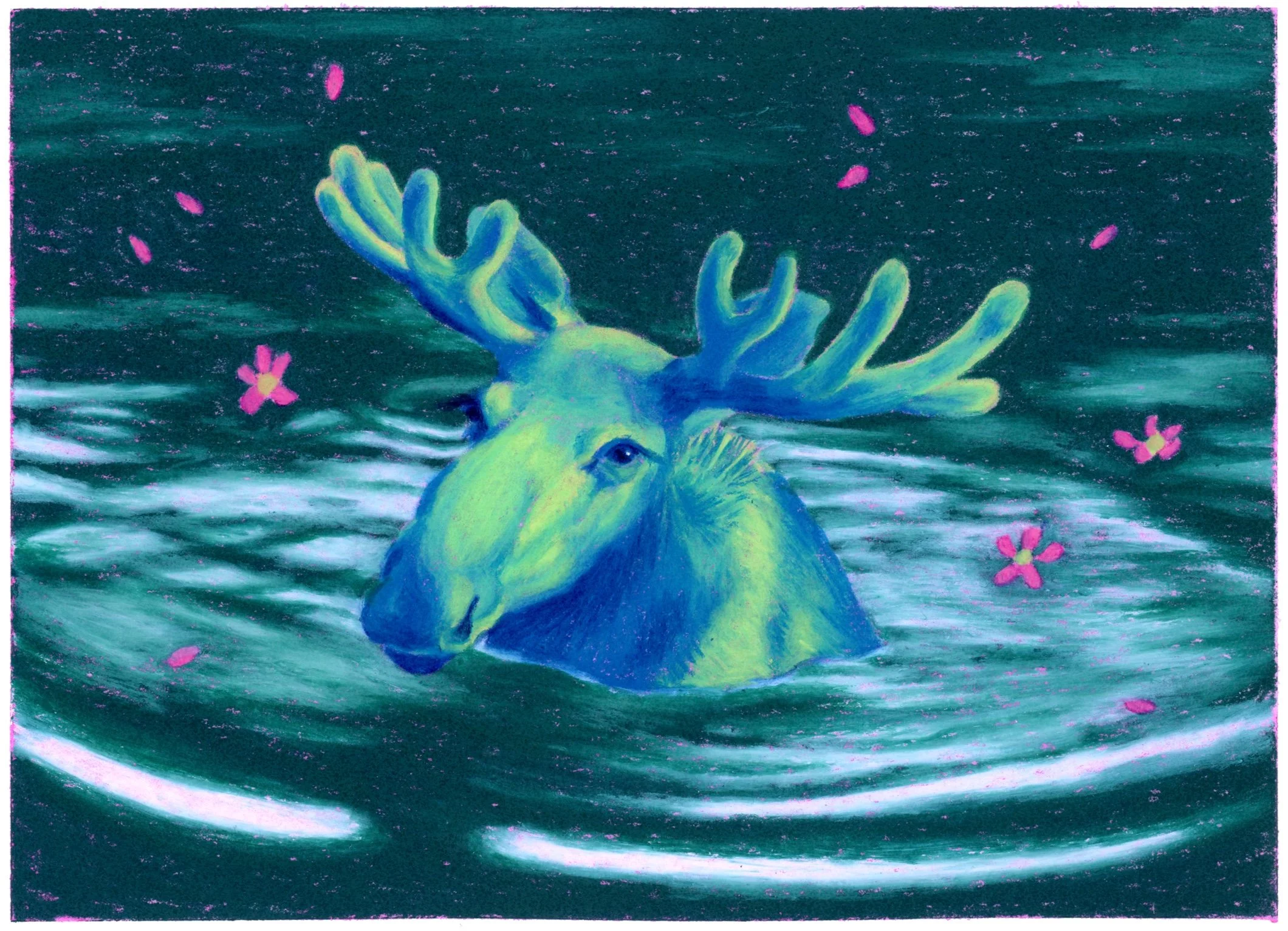 A surreal painting of a bright greenish-blue moose floating in dark green water with pink flower petals floating down around it.