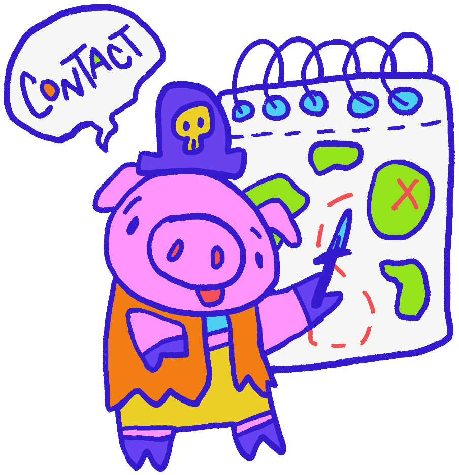 A cartoon pig dressed as a pirate, wearing a purple captain's hat with a skull and crossbones, pointing at a treasure map with green and red markings. The pig has a speech bubble saying 'Contact'.