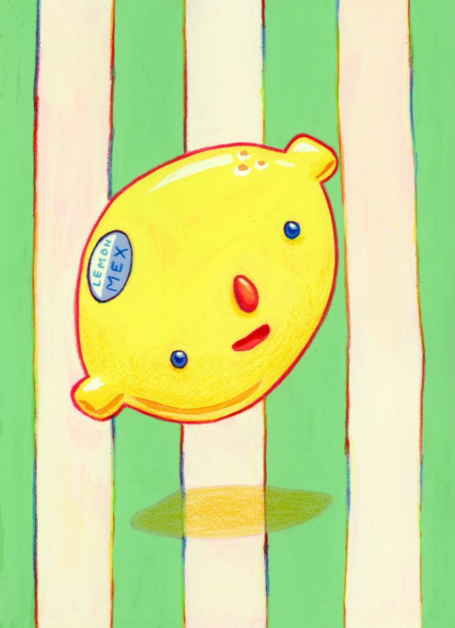 A gouache painting of a lemon with a face, including blue eyes, a red nose, and a smiling red mouth, set against a lime and cream striped background.