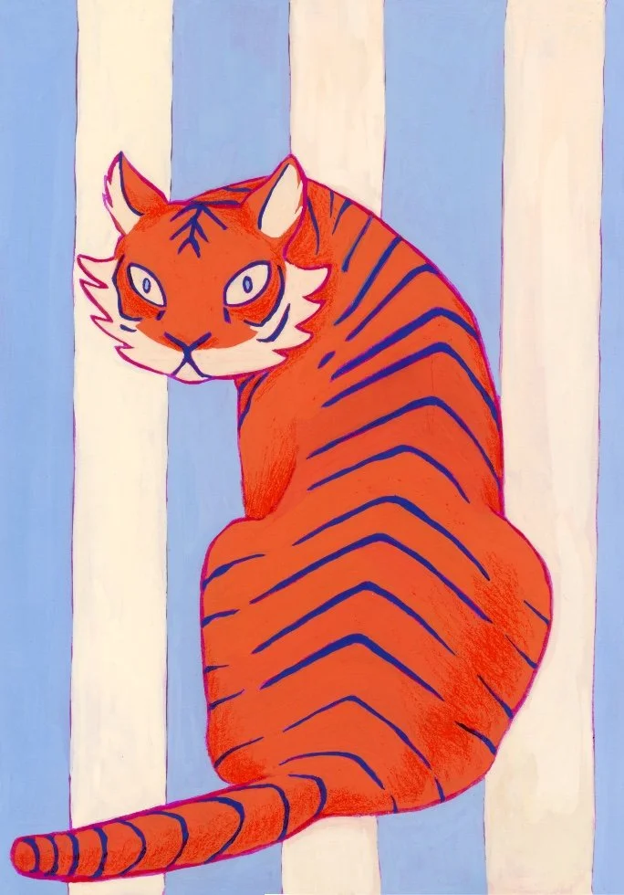 A stylized gouache illustration of a tiger with orange and dark blue striped fur, sitting on a background of light blue and cream vertical stripes.