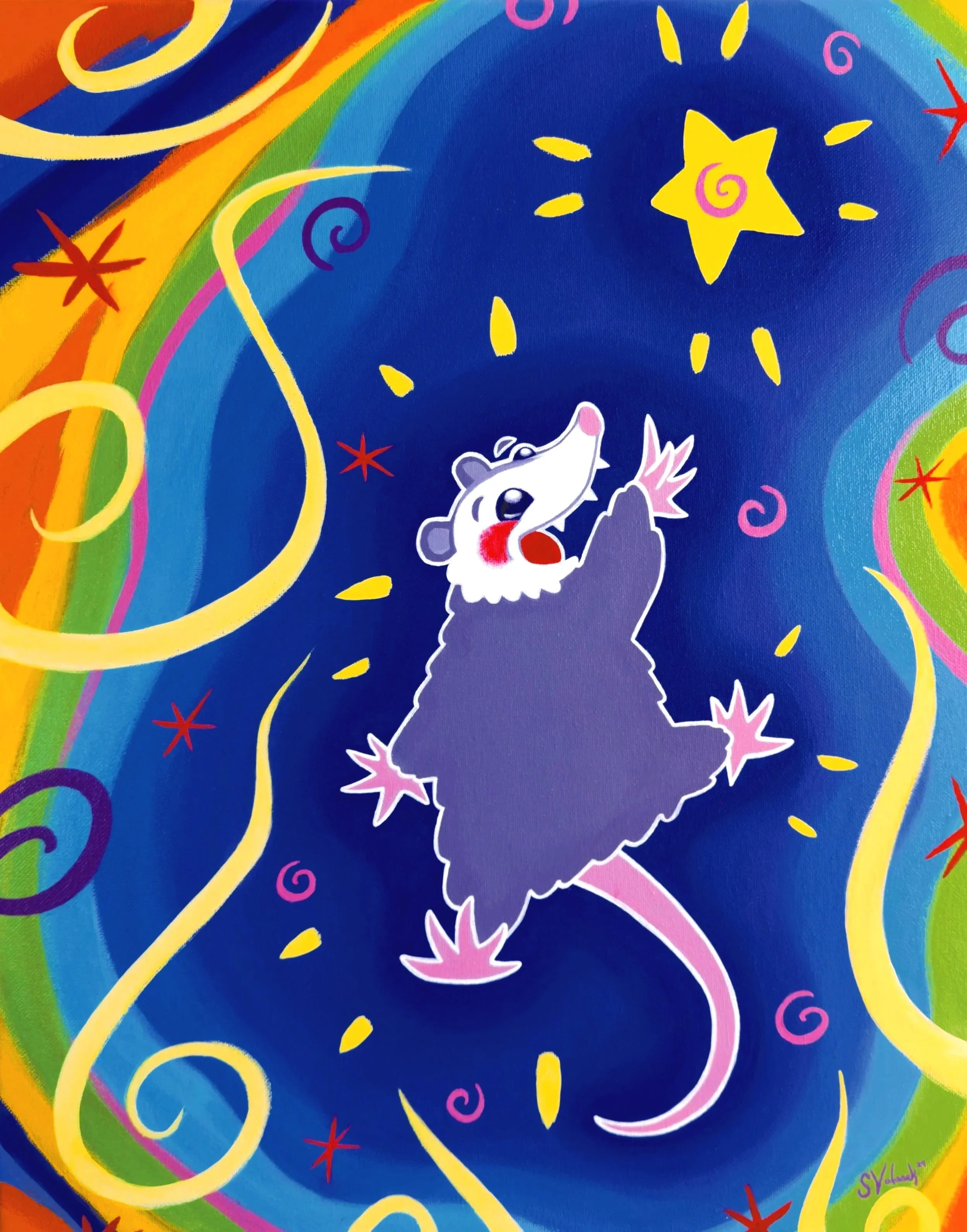 A whimsical acrylic painting of a gray possum with a pink nose and cheeks, reaching upward on a multicolored, abstract background with swirls, stars, and a rainbow. The possum gazes up at a shining yellow star.