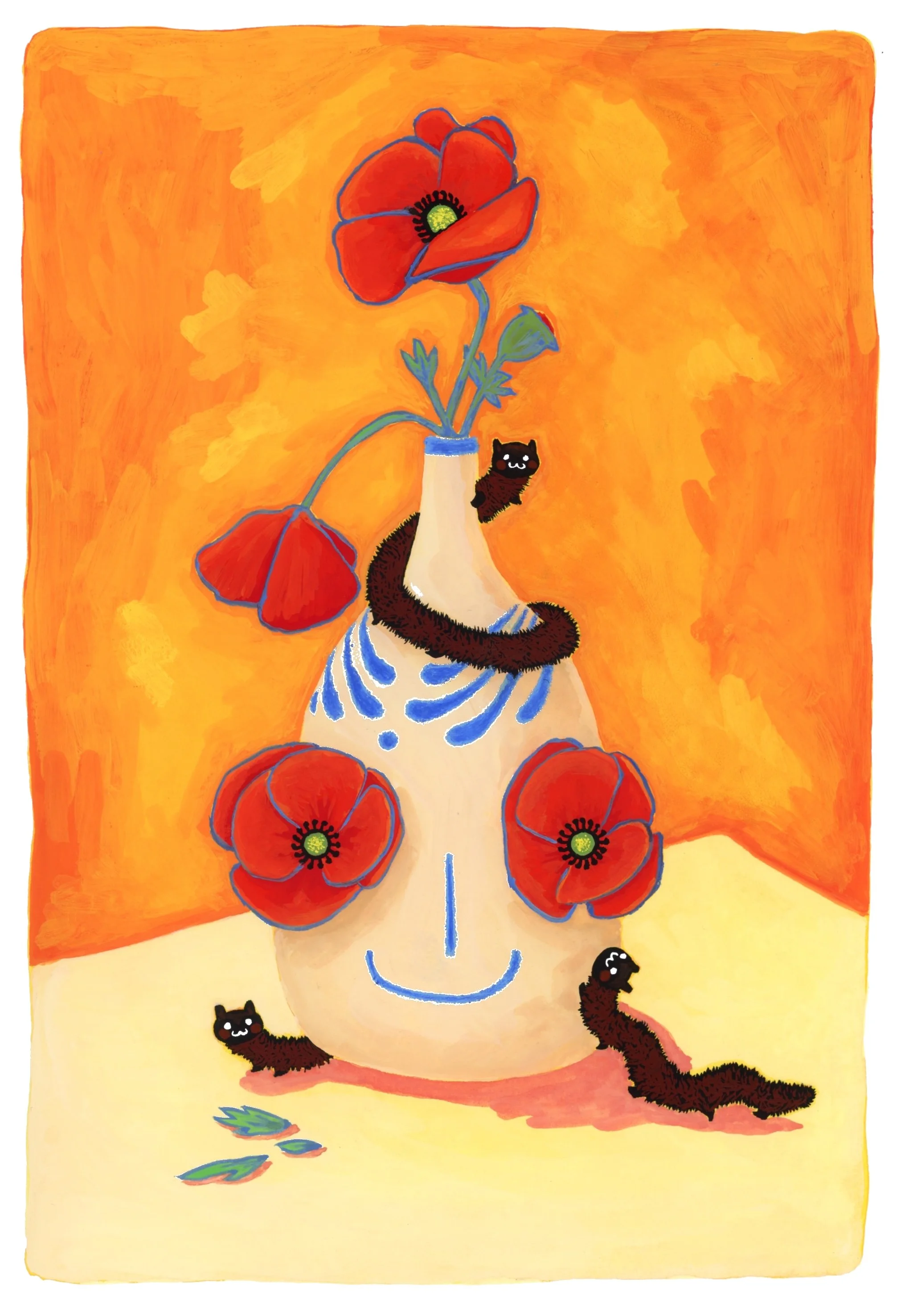 A whimsical illustration of a ceramic vase with blue patterns, filled with red poppies. The vase has a smiling face drawn on it. Small black cats with white eyes and pink cheeks are climbing and sitting around the vase; one is peeking from the top, another is at the base, and one is lying beside it. The background features warm orange and yellow hues.