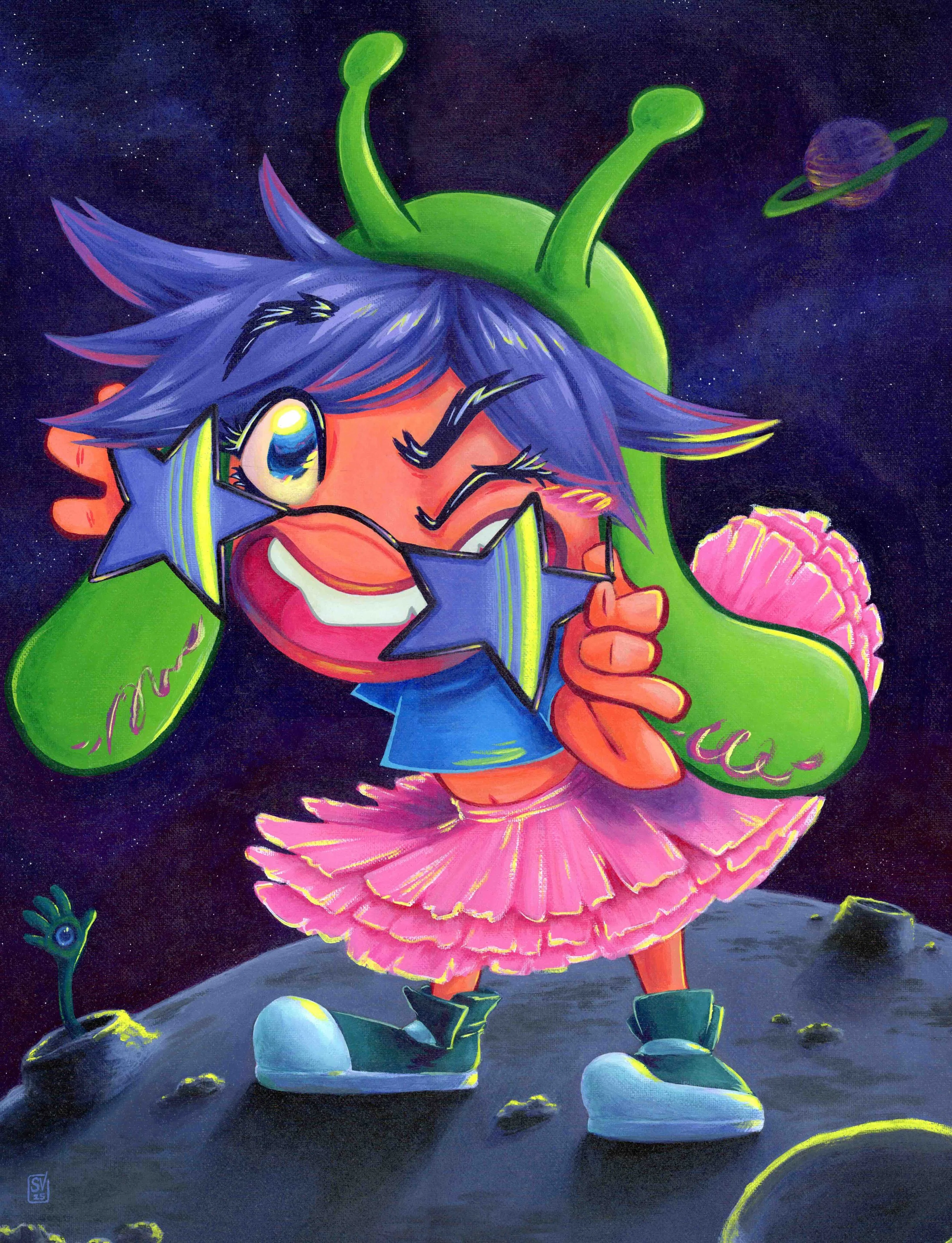 Acrylic painting of a cartoon character with purple hair, winking under star-shaped glasses, dressed in a pink tutu, green hat with antennae, and sneakers, standing on a moon-like surface in outer space with planets and stars in the background.