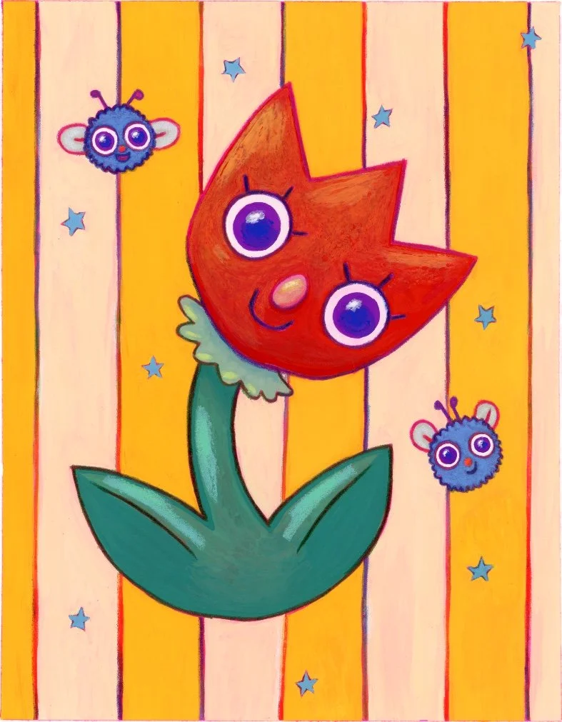 A gouache painting of a red flower with a smiling face, large eyes, and a pink nose, set against a deep yellow and cream striped background with small blue stars and two furry blue bugs with big eyes.