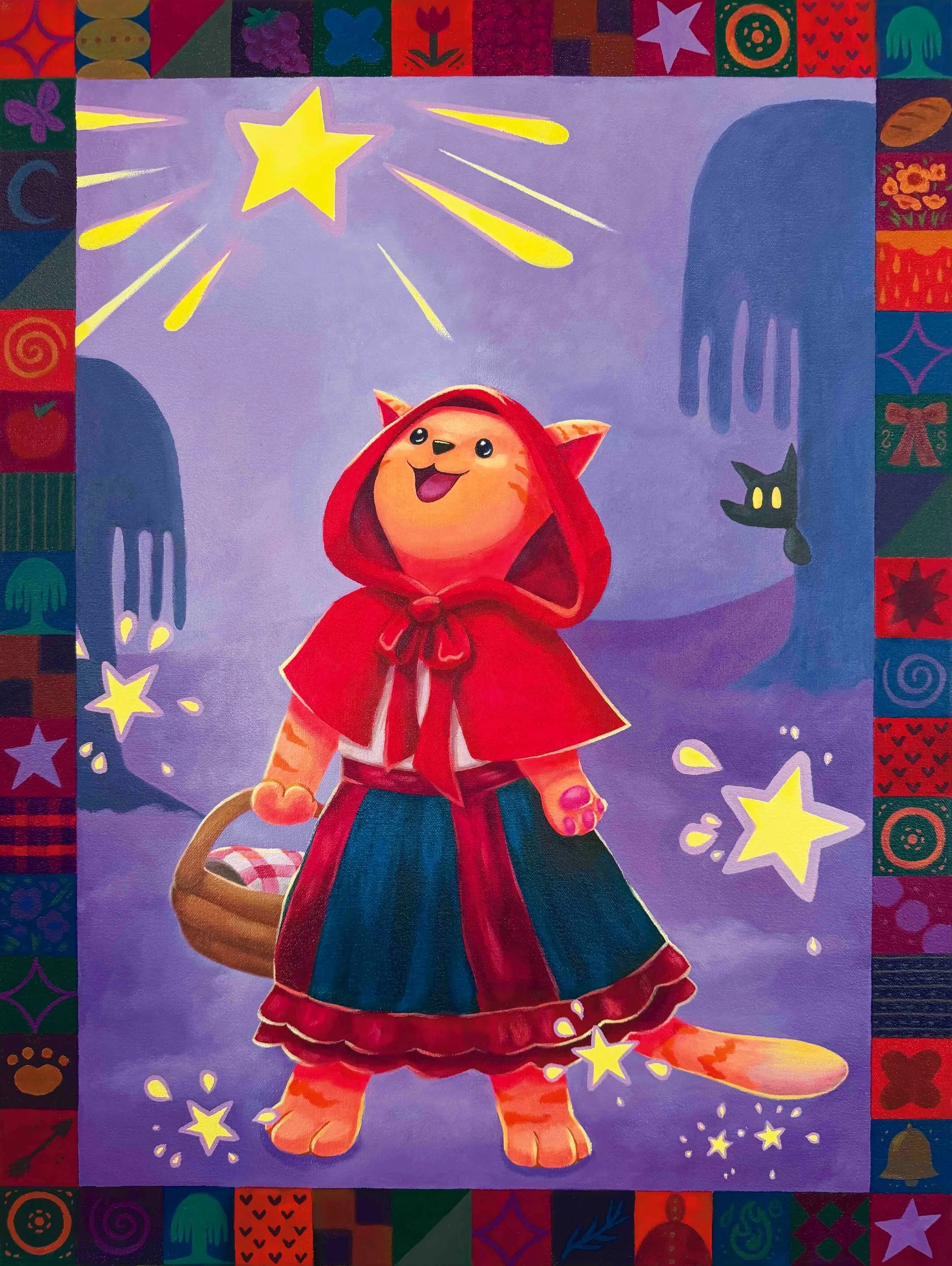Acrylic painting of an orange cat with a red cloak and hood, standing outdoors on a purple background with bright yellow stars, two blue trees, and a wolf-head silhouette. The cat is smiling in awe, holding a basket. The image is bordered in squares.