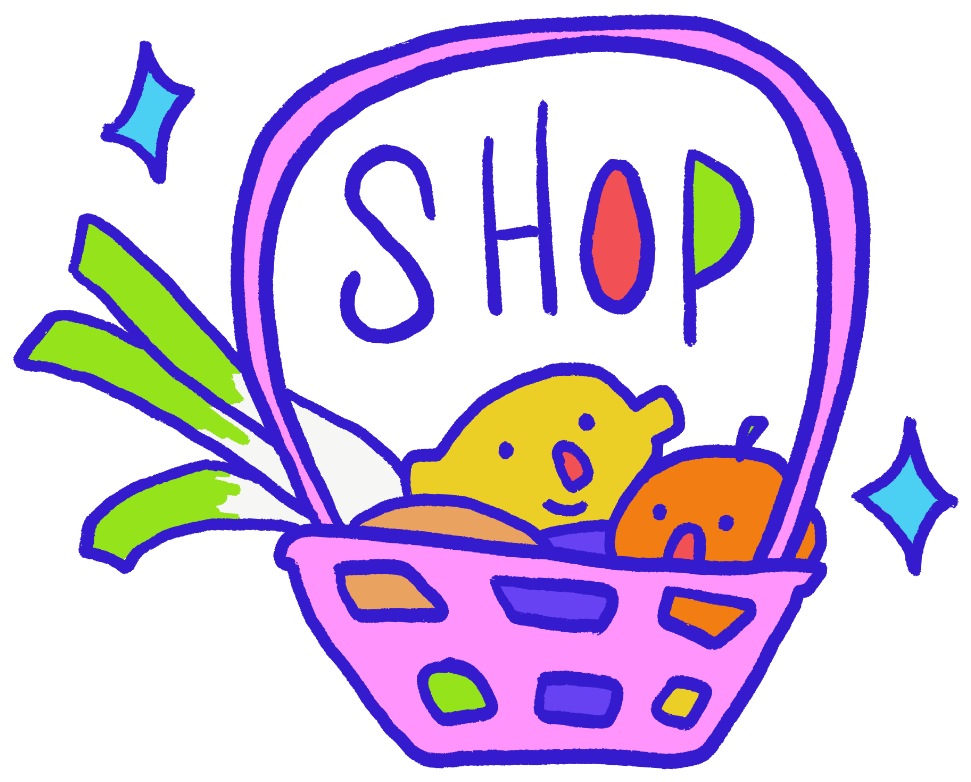 Colorful cartoon illustration of a shopping basket with a lemon and orange with faces in it as well and a leek protruding from it, with the word 'SHOP' written inside the handle and sparkles around it.