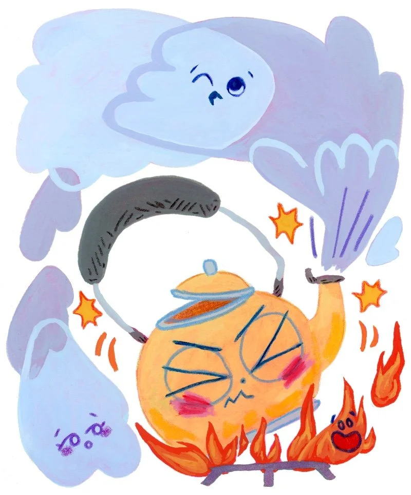A gouache illustration of a teapot with a flustered face, bouncing on flames and pouring out steam with expressive faces.