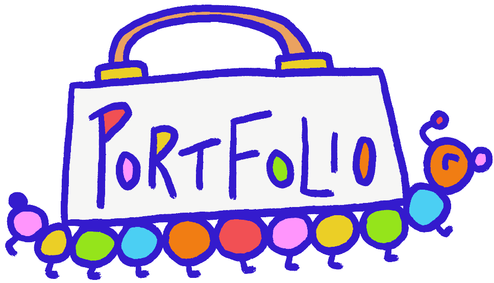 Bright and playful illustration of a bag with the word 'PORTFOLIO' on it carried on the back of a happy, colorful caterpillar.