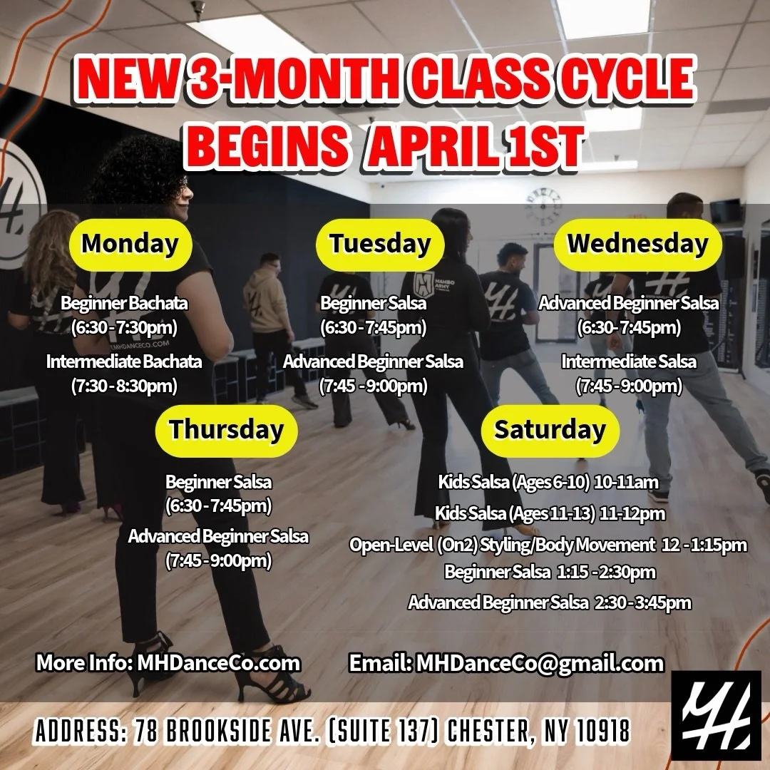 New cycle Begins April 1st! 

***Note that the first beginner salsa class will be on Thursday, April 2nd! ***

WHAT HAVE YOU GOT TO LOSE?