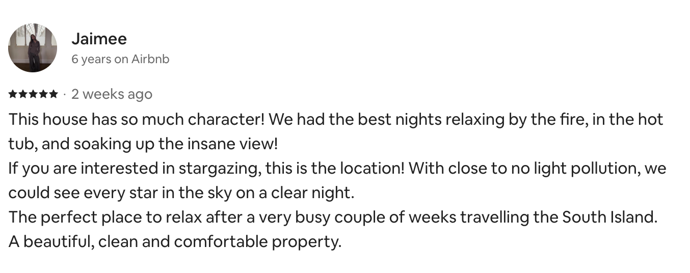 Airbnb review. Lake Ohau Escape Lake-front AirBNB, South Island, New Zealand. Wake up to uninterrupted lake & mountain views, relax by the fire and in the spa beneath the stars.