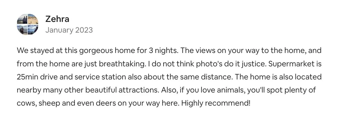 A social media post describing a three-night stay at a house with scenic views, close to a supermarket and service station, with nearby attractions and wildlife including cows, sheep, and deer.