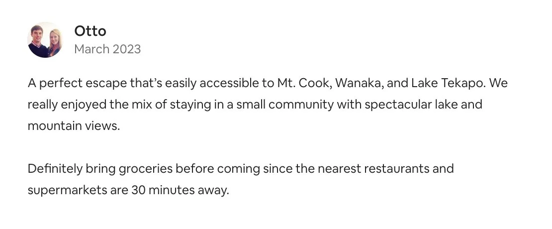 Screenshot of a social media post by Otto, dated March 2023, describing a stay at a small community near Mt. Cook, Wanaka, and Lake Tekapo, emphasizing the scenic views and the suggestion to bring groceries.