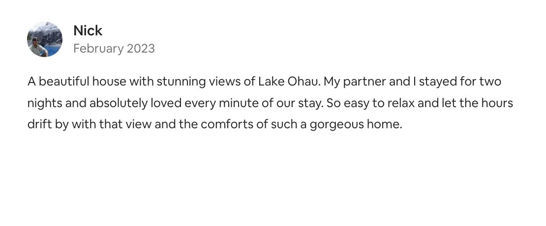 Screenshot of a review by Nick from February 2023, describing a house with Lake Ohau views.