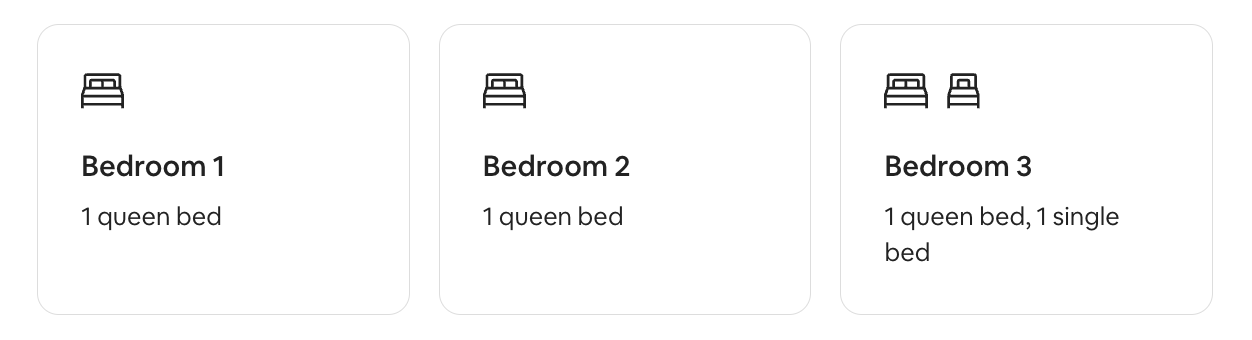 Floor plan showing three bedrooms with bed types listed. Bedroom 1 has one queen bed, Bedroom 2 has one queen bed, Bedroom 3 has one queen bed and one single bed.