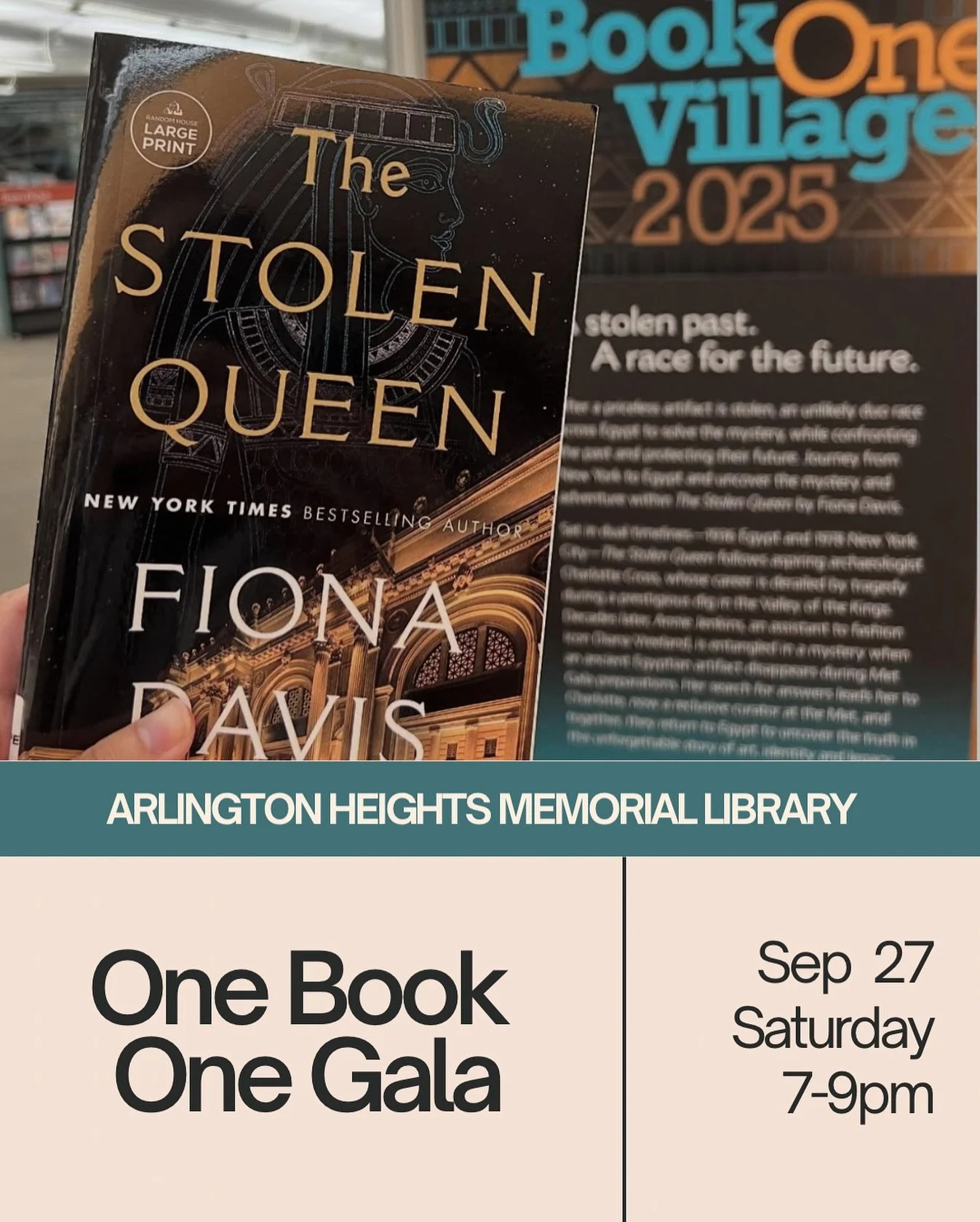 📣Celebrate 12 years of One Book, One Village with an after-hours gala at the @ahml library! 📣✨Live music, art, desserts, cocktails &amp; more &mdash; all in honor of this year&rsquo;s community read, The Stolen Queen by Fiona Davis @fionadavisautho