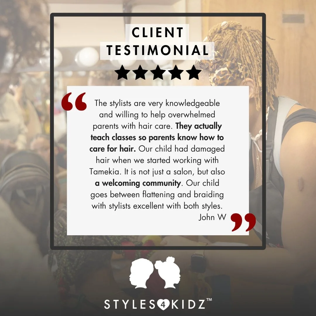 We aren't just a salon; we are a community. From teaching classes to providing expert styling for a mix of Black and non-Black hair types, our stylists are here to support every family's unique journey.
#Styles4Kidz #blendedfamily #OakPark #curlyhair
