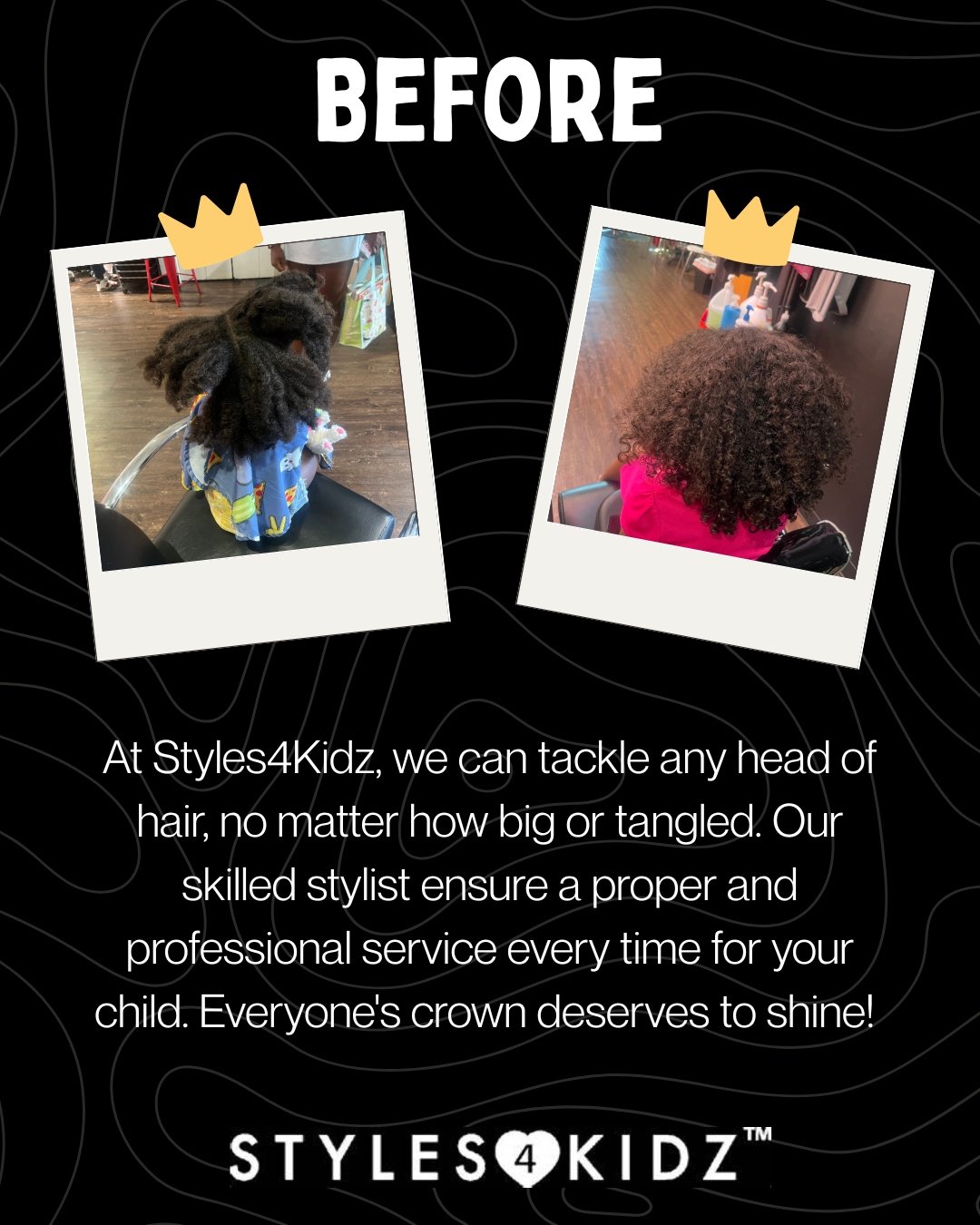 This is where confidence begins! ❤️👏🏽

Today, take a look at two lovely clients before and after pictures and the real magic that takes place here at S4K!. The stylists ensure that kids receive high quality hair care and confidence in themselves an