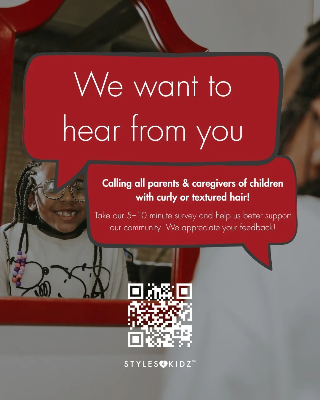Calling all parents and caregivers of children with curly and textured hair: we'd love your input! 

Please take a moment to complete the Crown Conference survey by scanning the QR code on this post. Your feedback helps shape resources and support fo