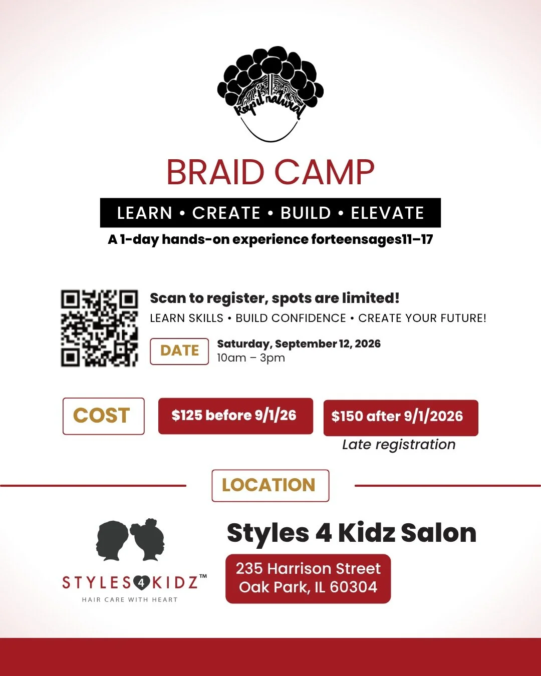 Class is filling up! Register today! Scholarships are available for girls who live in Oak Park, IL only, sponsored by the oak park river forest township.

#OakParkIL #Scholarships #Styles4Kidz #BraidCamp #Curlyhair #texturedhair