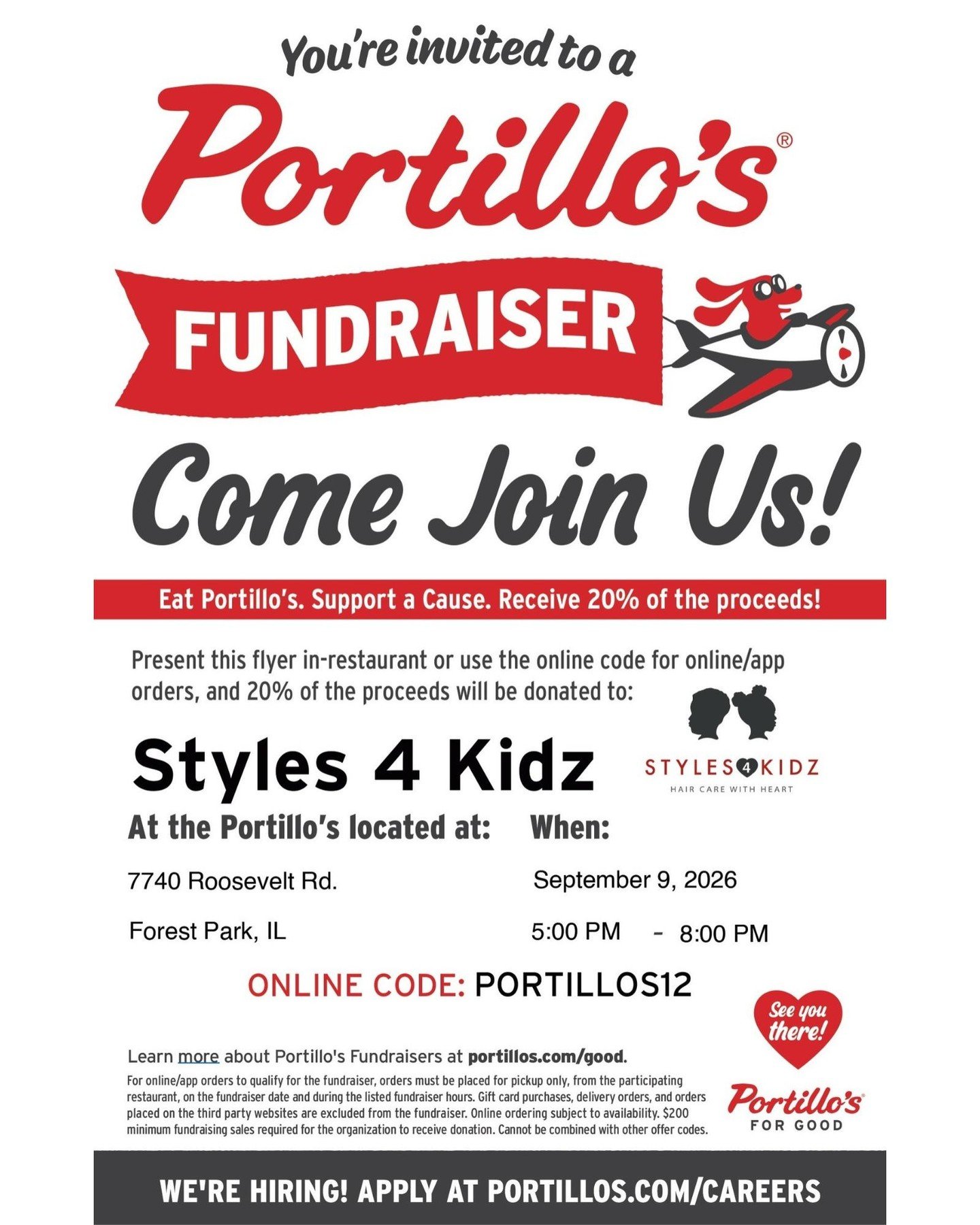 Mark your calendar for a delicious way to support Styles4Kidz youth! 🌭🍟✨

Your dinner plans on September 9th can help build confidence and cultural pride for foster and adoptive children in our community. Join us at Portillo's in Forest Park, where