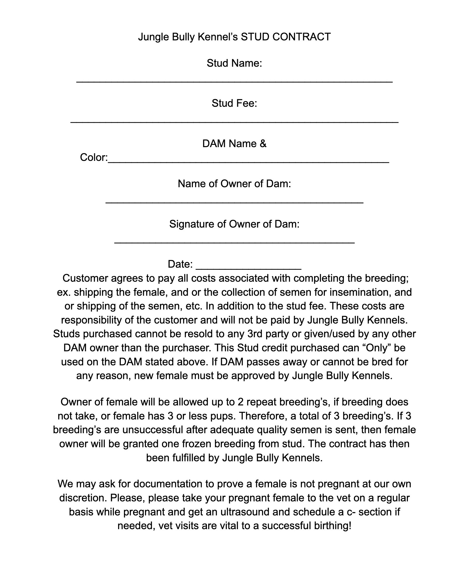 Stud Dog Breeding Contract Template