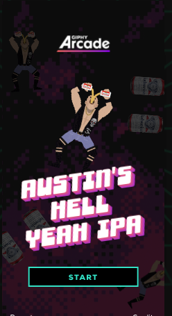 Giphy Arcade promotional image featuring a wrestler with beer cans and text "Austin's Hell Yeah IPA" below, with a "Start" button.
