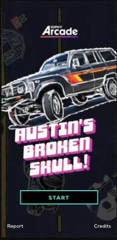 Giphy Arcade screen with a vintage car illustration, "Austin's Broken Skull" title, and a start button.