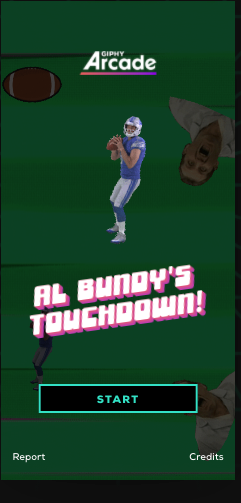 Game screen with a football theme showing a football player ready to throw, text reading "AL BUNDY'S TOUCHDOWN!" and a "START" button, part of GIPHY Arcade.