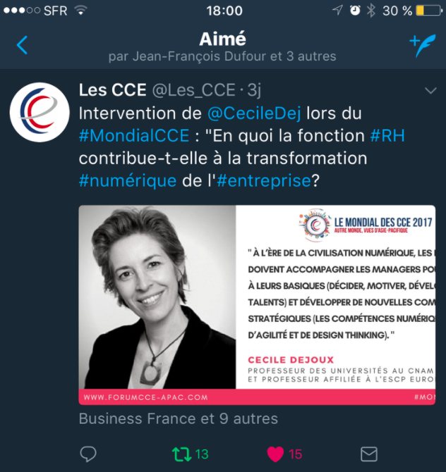 CONFERENCE : " RH et numérique " au Mondial des Conseillers du Commerce Exterieur Asie 2017