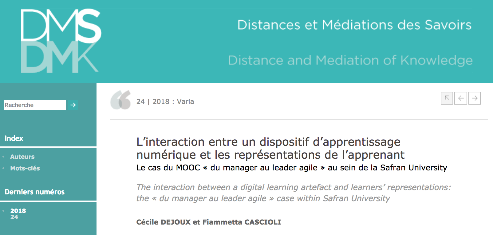 "L’interaction entre un dispositif d’apprentissage numérique et les représentations de l’apprenant" de Fiammetta Cascioli - Distances et Médiations des Savoirs - Décembre 2018