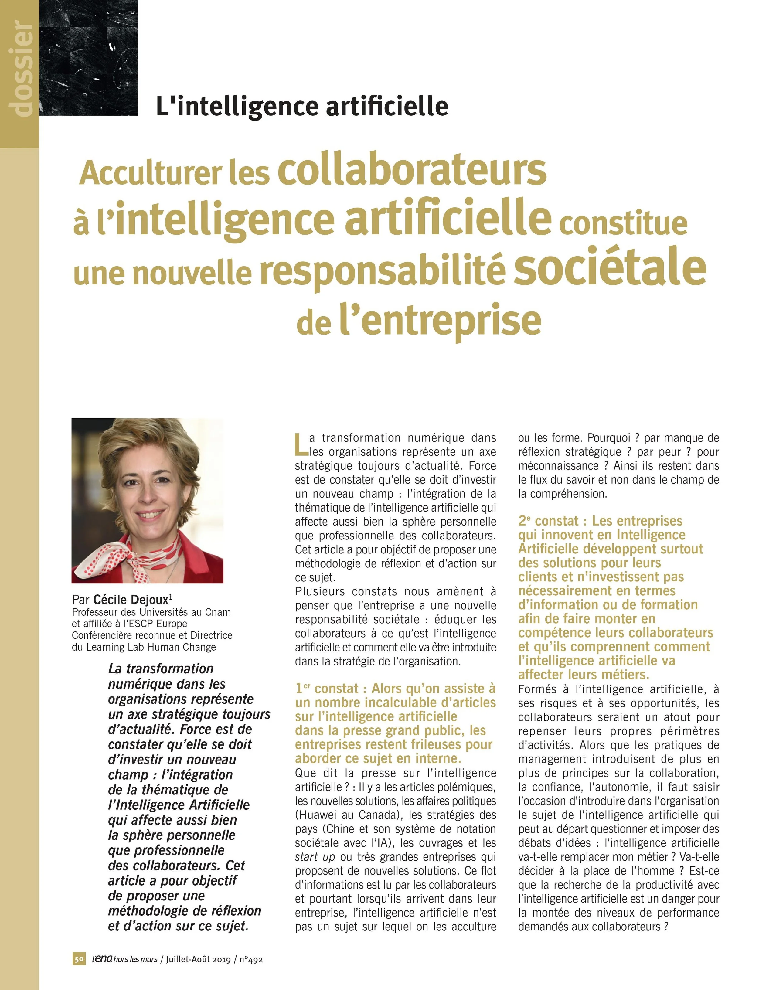 Acculturer les collaborateurs à l'IA, une nouvelle responsabilité sociétale de l'entreprise - ENA - Juillet 2019