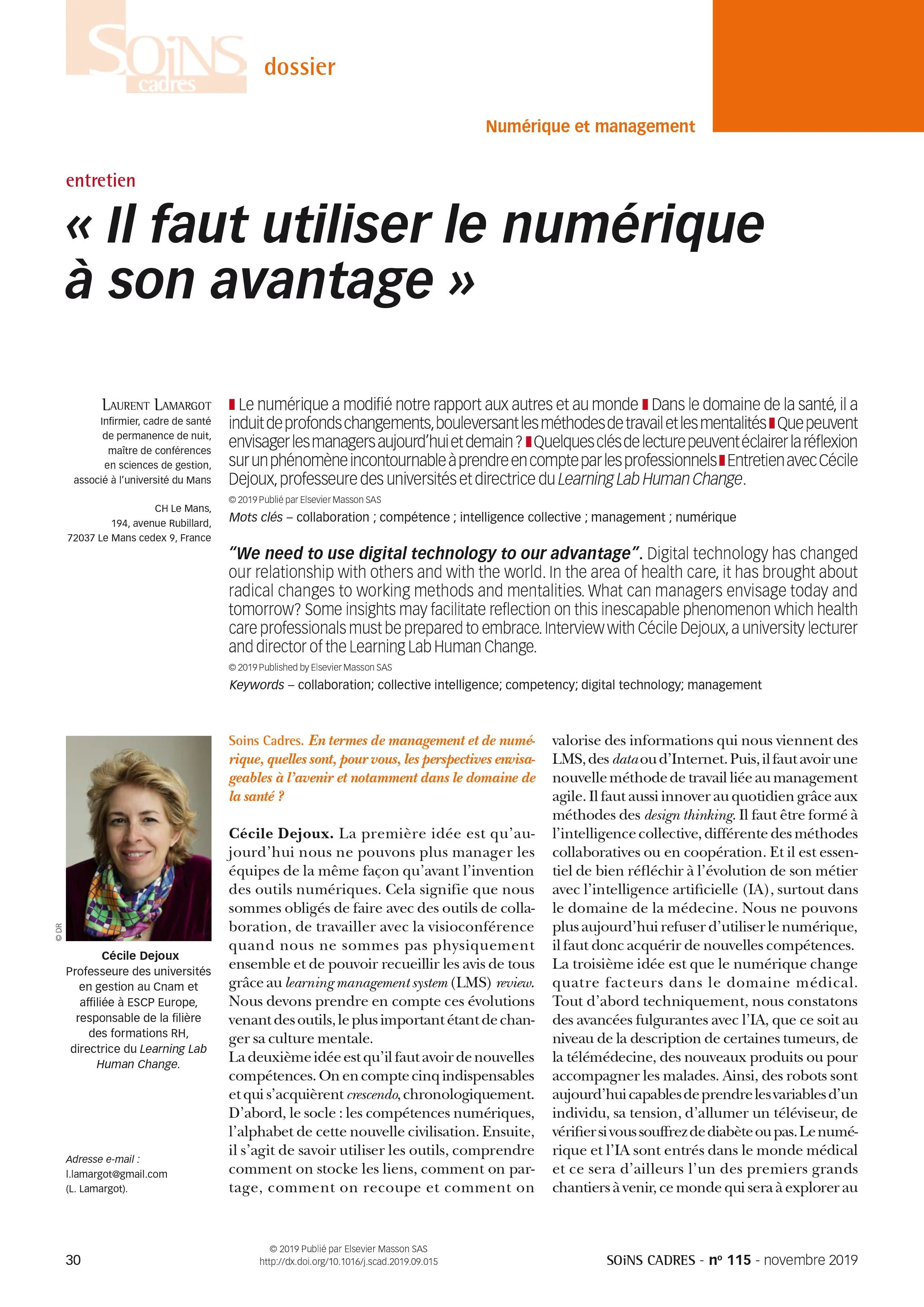 Utiliser le Numérique à son avantage - Soins Cadres - Novembre 2019