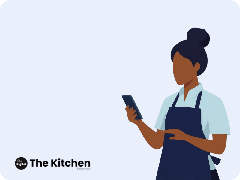 Vrouw in keukenuniform kijkt op haar smartphone tegen een lichte achtergrond.