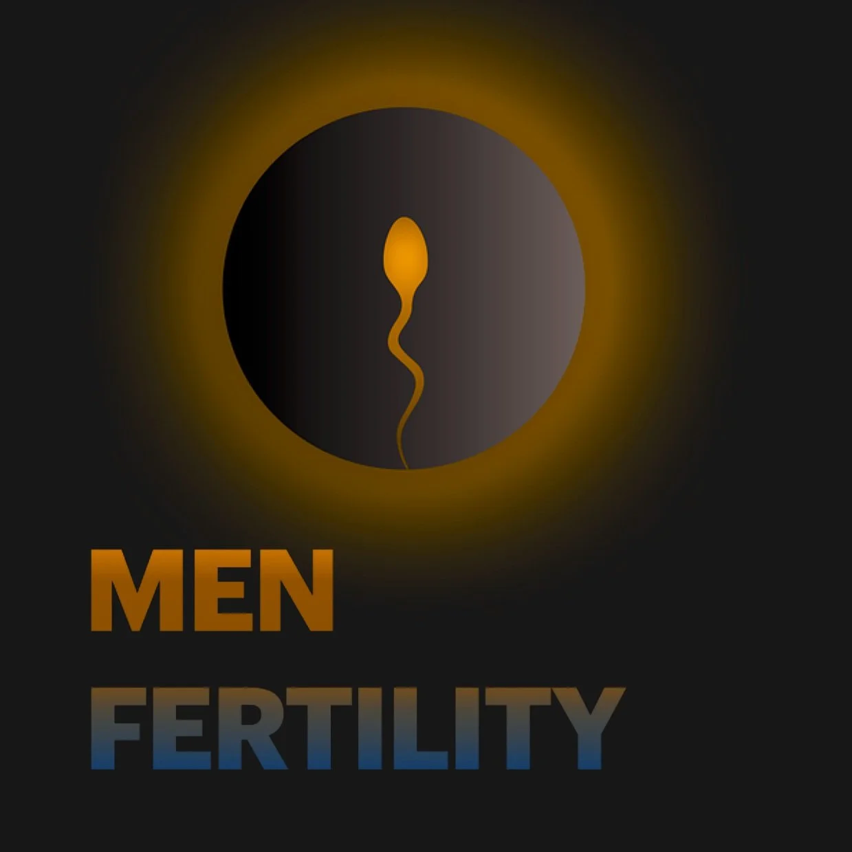 Illustration of a sperm with text 'Men Fertility' on a dark background.
