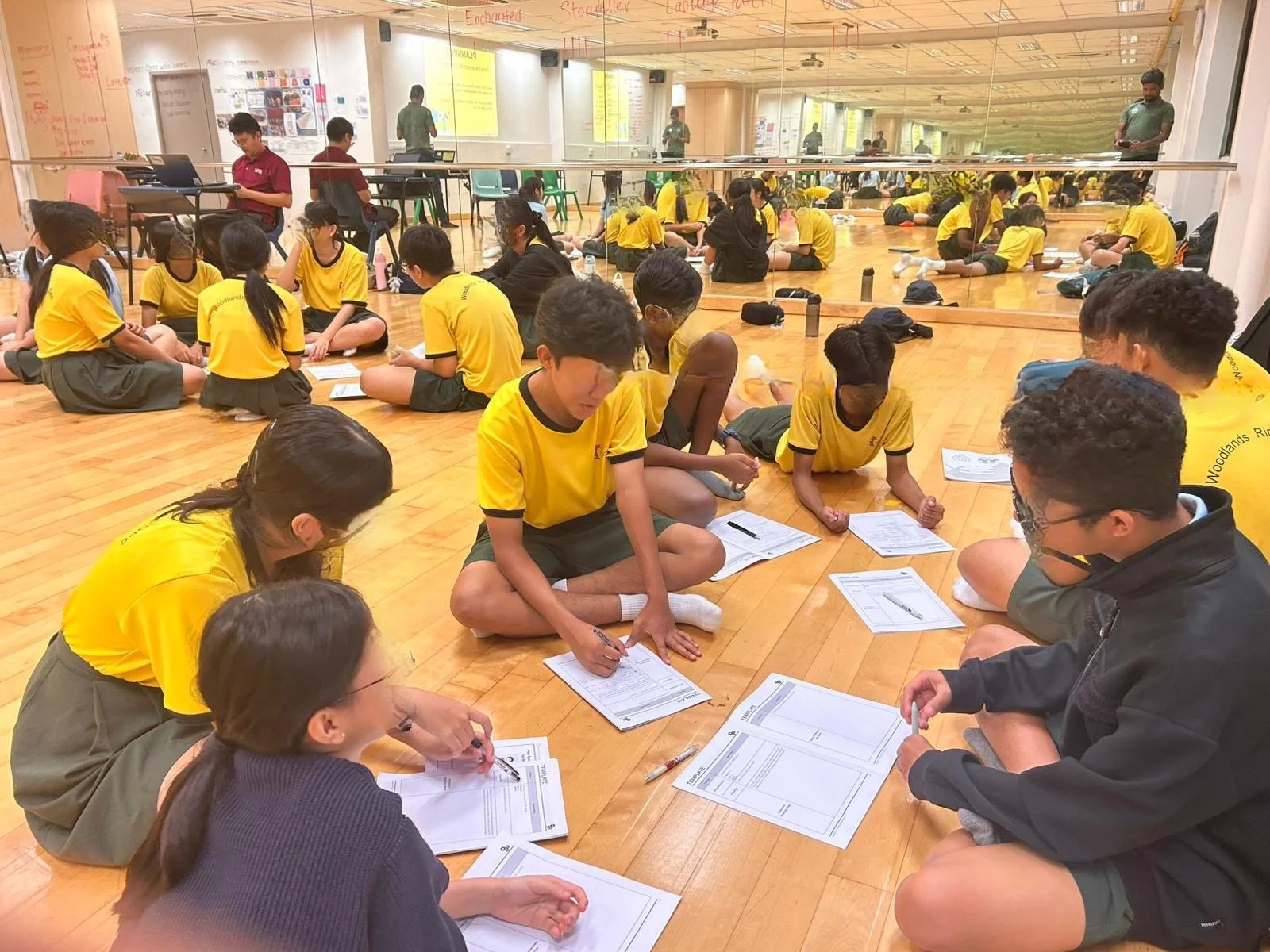 Wide planning session: full room, all groups visible, both coaches in background.