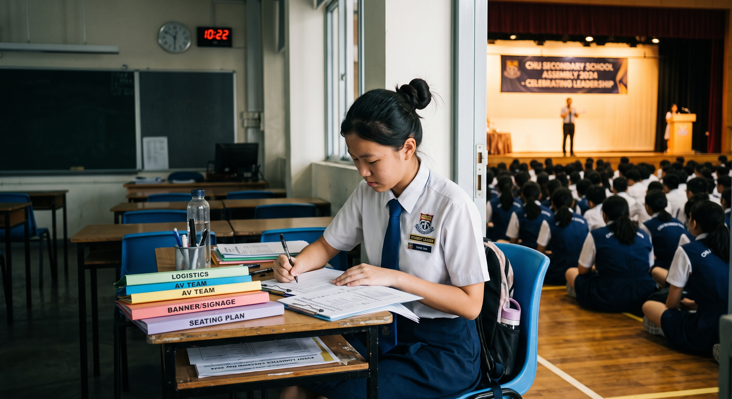A Singapore secondary school student quietly organizing event logistics in a classroom, illustrating personal leadership and responsibility over stage visibility.