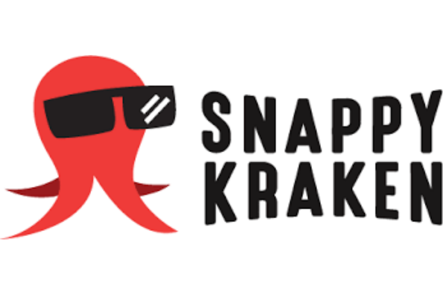 A red cartoon squid wearing black sunglasses next to the text 'Snappy Kraken' in bold black letters.