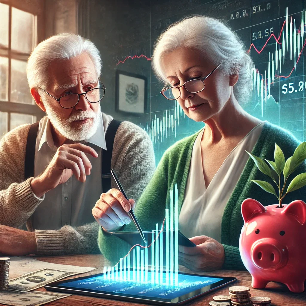 DALL·E 2025-02-24 19.31.45 - A realistic digital painting of an elderly couple reviewing their retirement investment portfolio. One person looks cautious, preferring stability, wh.webp