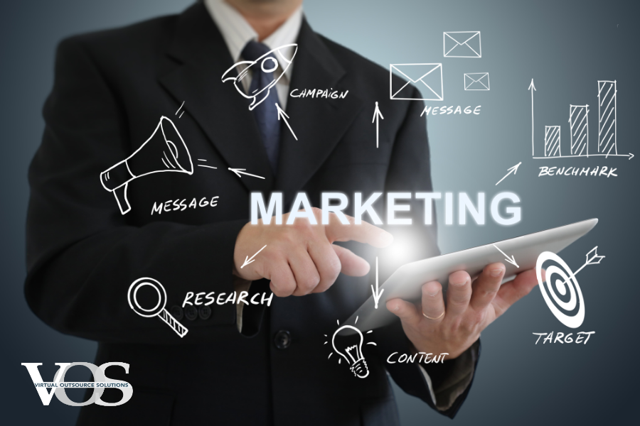 image of man with iPad and marketing tasks floating around the iPad.