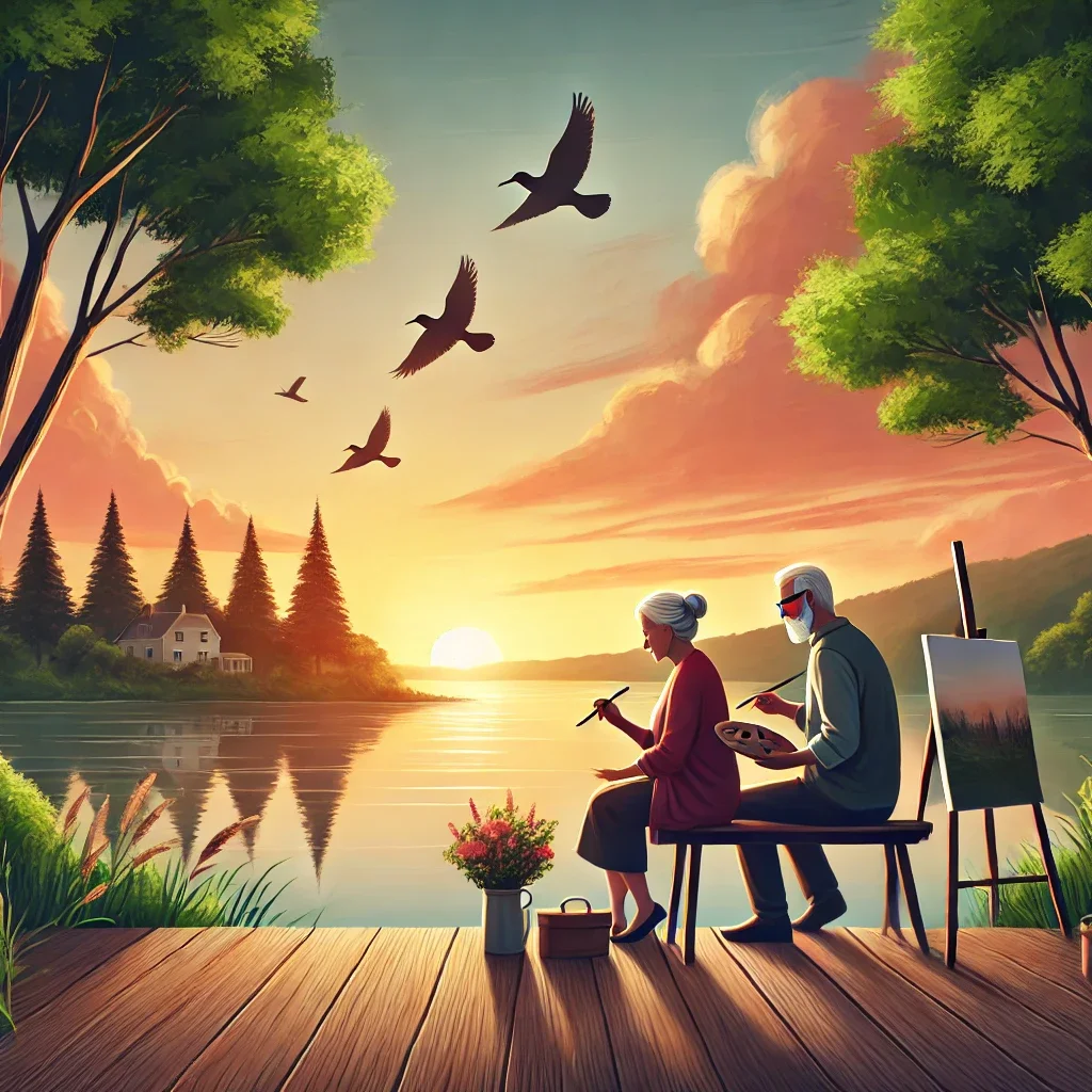 DALL·E 2025-01-31 14.34.13 - A serene scene depicting a retired couple enjoying their new chapter of life. They are sitting on a wooden deck overlooking a peaceful lake at sunset.webp